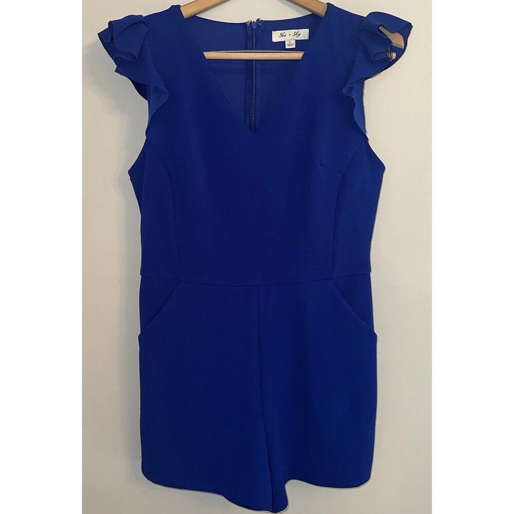 Women’s Royal Blue Ruffle Sleeve Romper V-Neck Zip Closure Pockets L Fairycore
